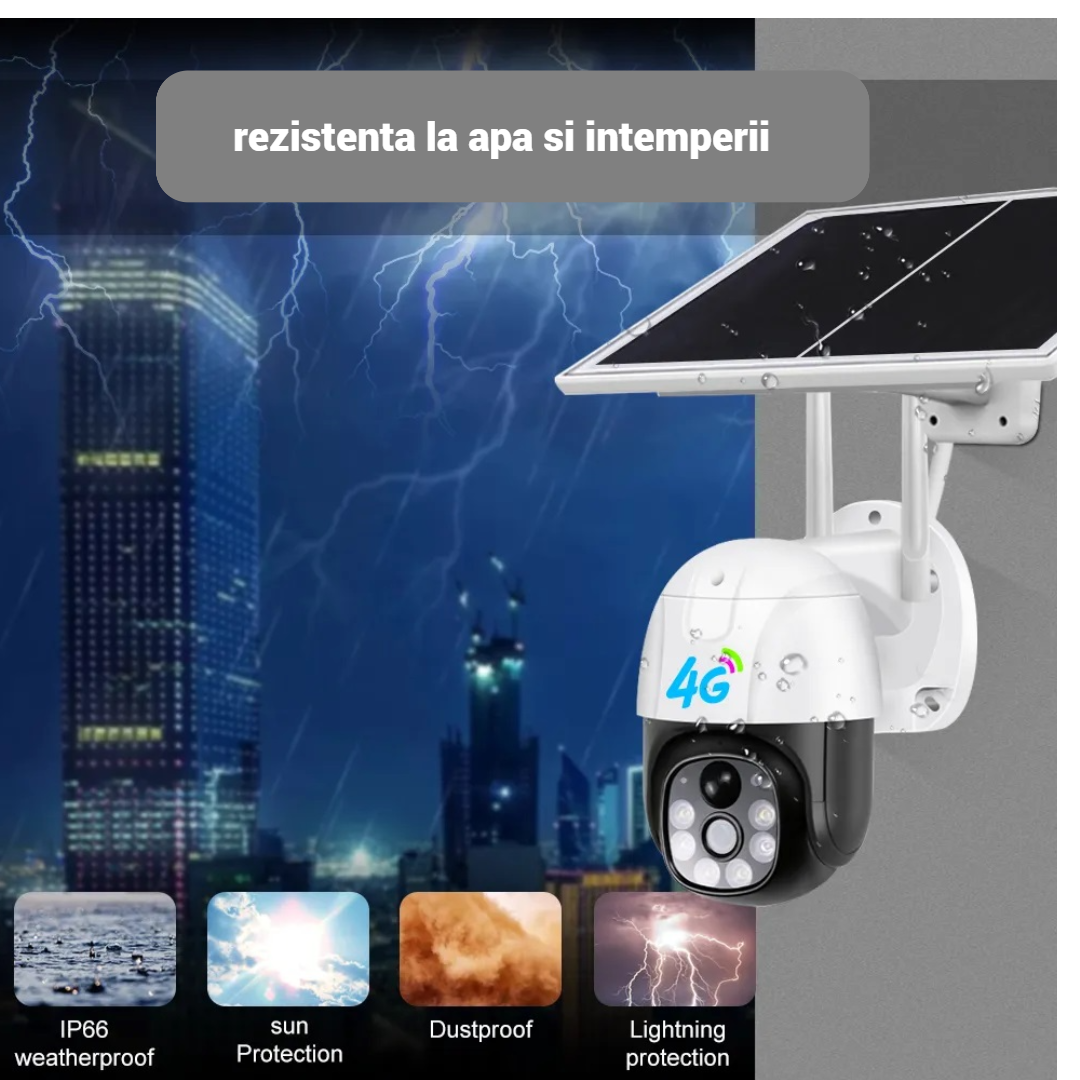 Camera De Supraveghere Solara 4G Cartela SIM 5 MP, Zoom 10X, Full HD 1080p, Panou Solar 9W Rezistenta La Apa IP 66, Alba