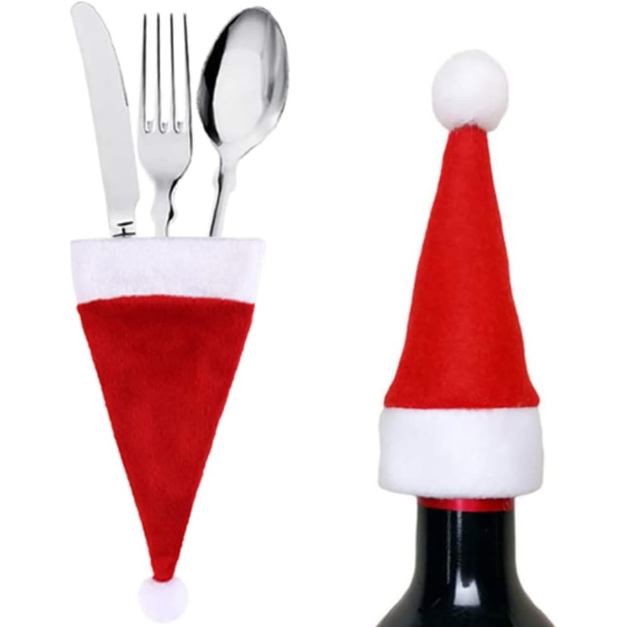 Set mini caciulite Mos Craciun pentru sticle sau tacamuri, 10 bucati, stofa, 13 x 6.5 cm