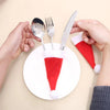 Set mini caciulite Mos Craciun pentru sticle sau tacamuri, 10 bucati, stofa, 13 x 6.5 cm