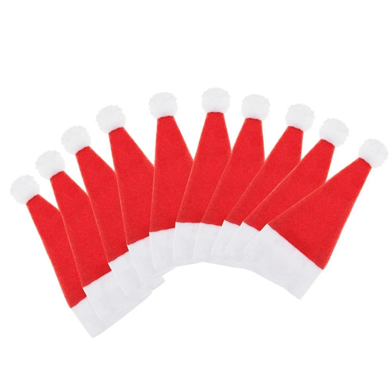 Set mini caciulite Mos Craciun pentru sticle sau tacamuri, 10 bucati, stofa, 13 x 6.5 cm