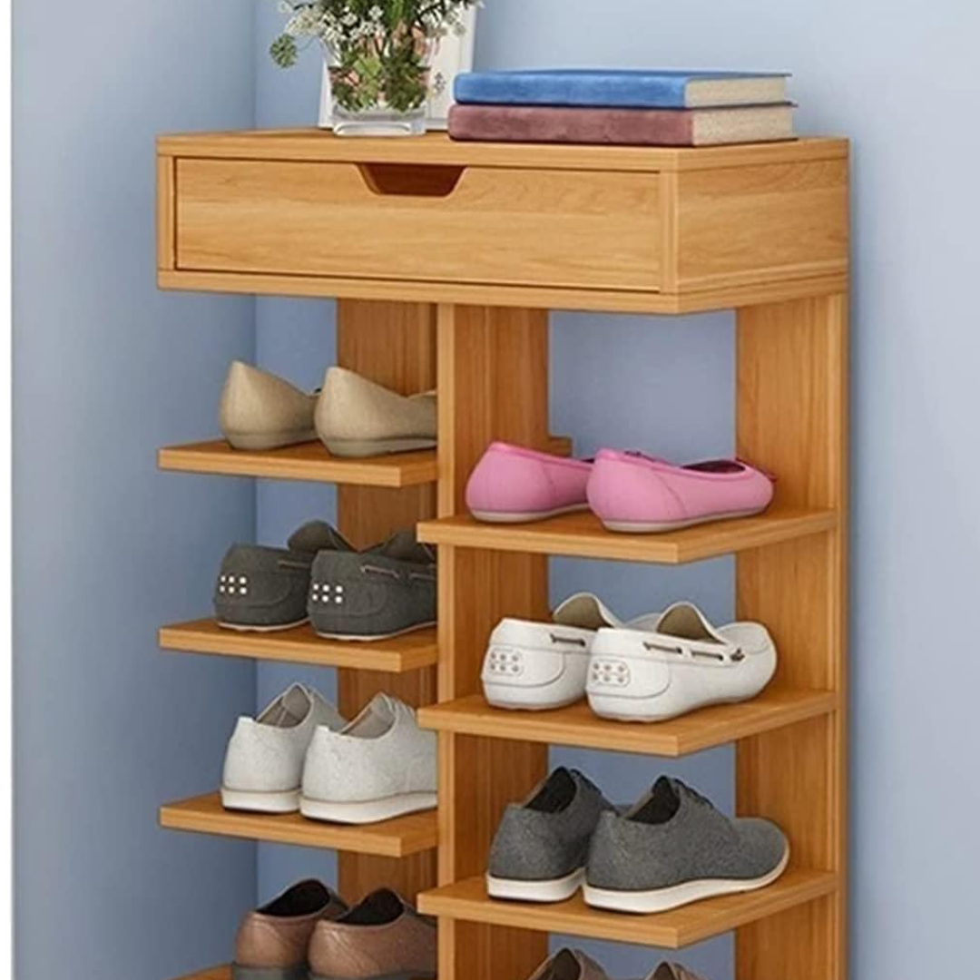 Pantofar dublu spatios, cu 7 etaje, elegant si versatil, lemn deschis
