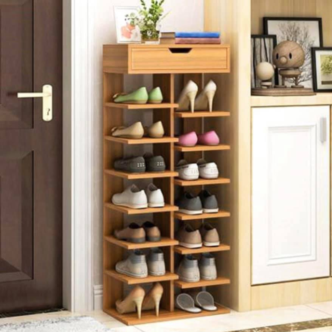 Pantofar dublu spatios, cu 7 etaje, elegant si versatil, lemn deschis