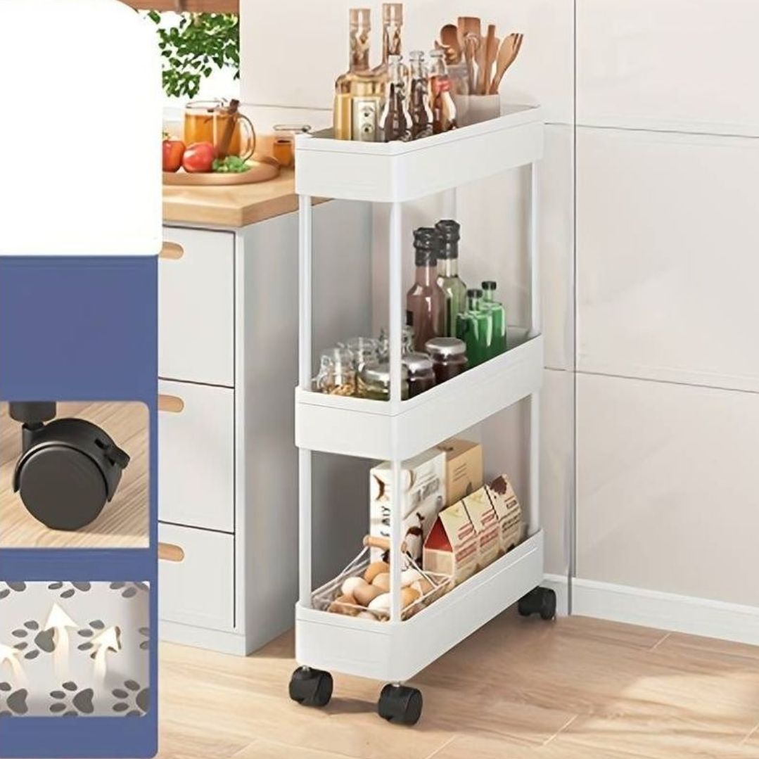 Etajera mobila cu 3 etajere si roti, utila pentru spatii inguste