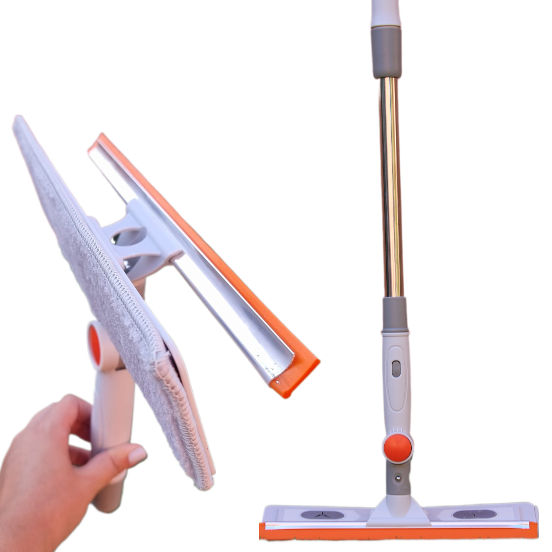 Mop cu laveta microfibra si racleta din silicon,  rotire 180 grade, maner telescopic