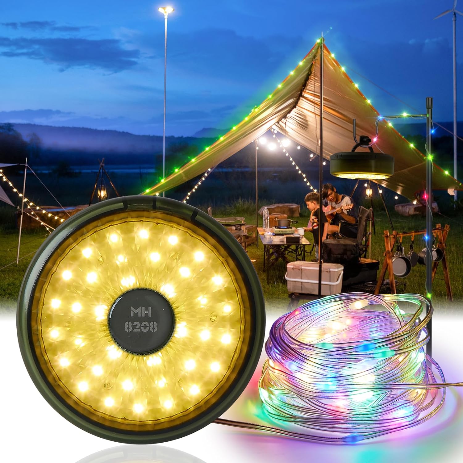 Ghirlanda luminoasa camping, lanterna, 8 moduri de iluminare si functie de baterie externa