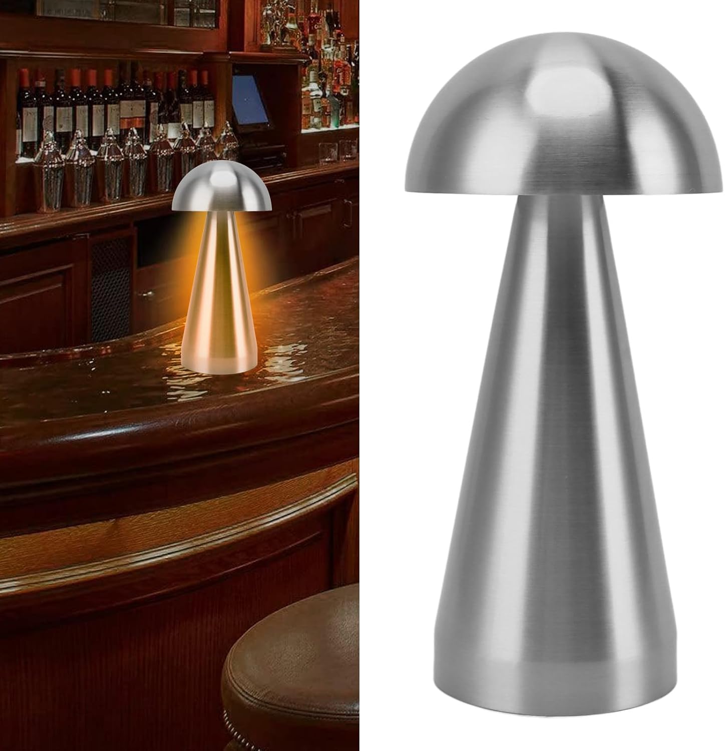 Lampa de masa metalica tip ciuperca, cu 3 culori reglabile prin atingere, argintiu si auriu