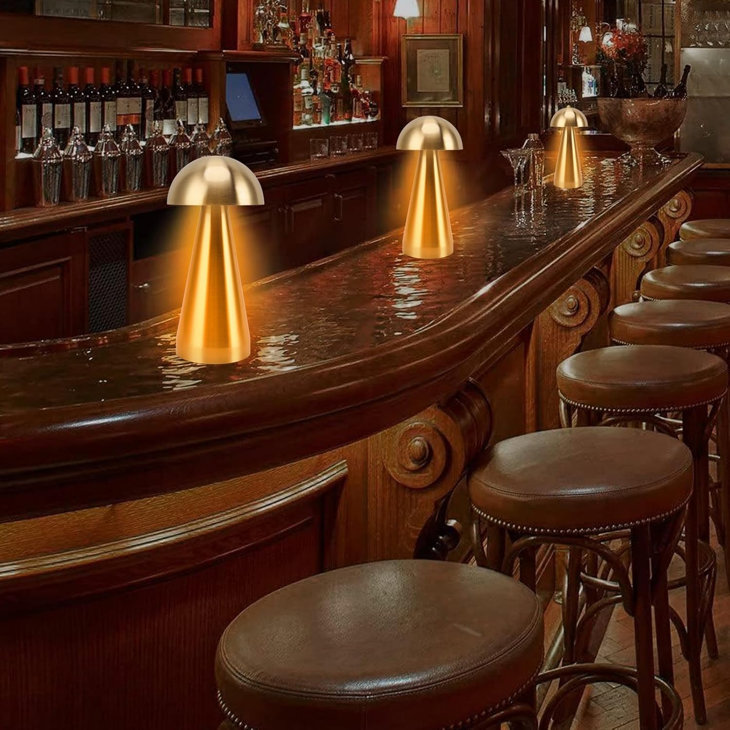 Lampa de masa metalica tip ciuperca, cu 3 culori reglabile prin atingere, argintiu si auriu