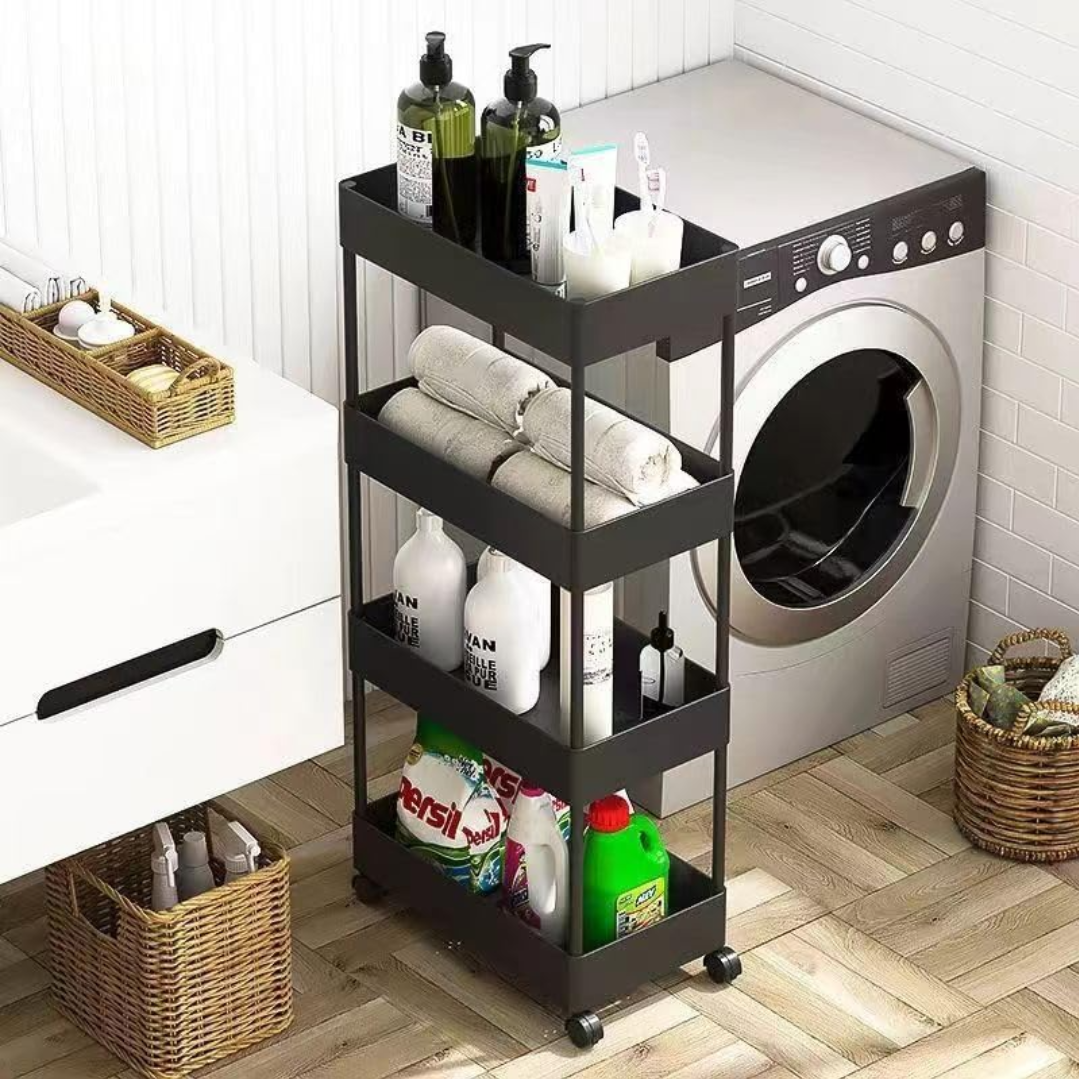Etajera mobila cu roti, 4 rafturi de depozitare, utila pentru spatii inguste