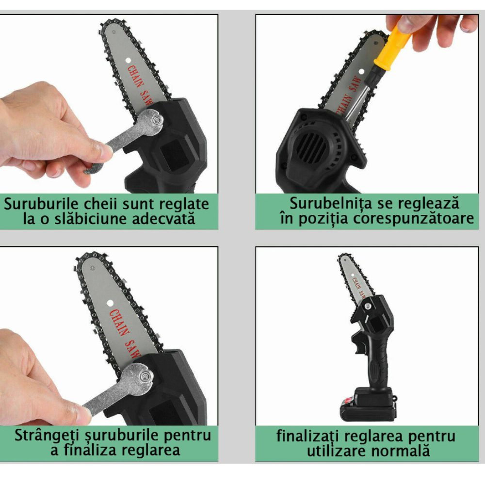 Lichidare de stoc. Mini drujba cu lant, fara fir, lama 4 inch, portabila, cu 2 acumulatori + 2 lanturi