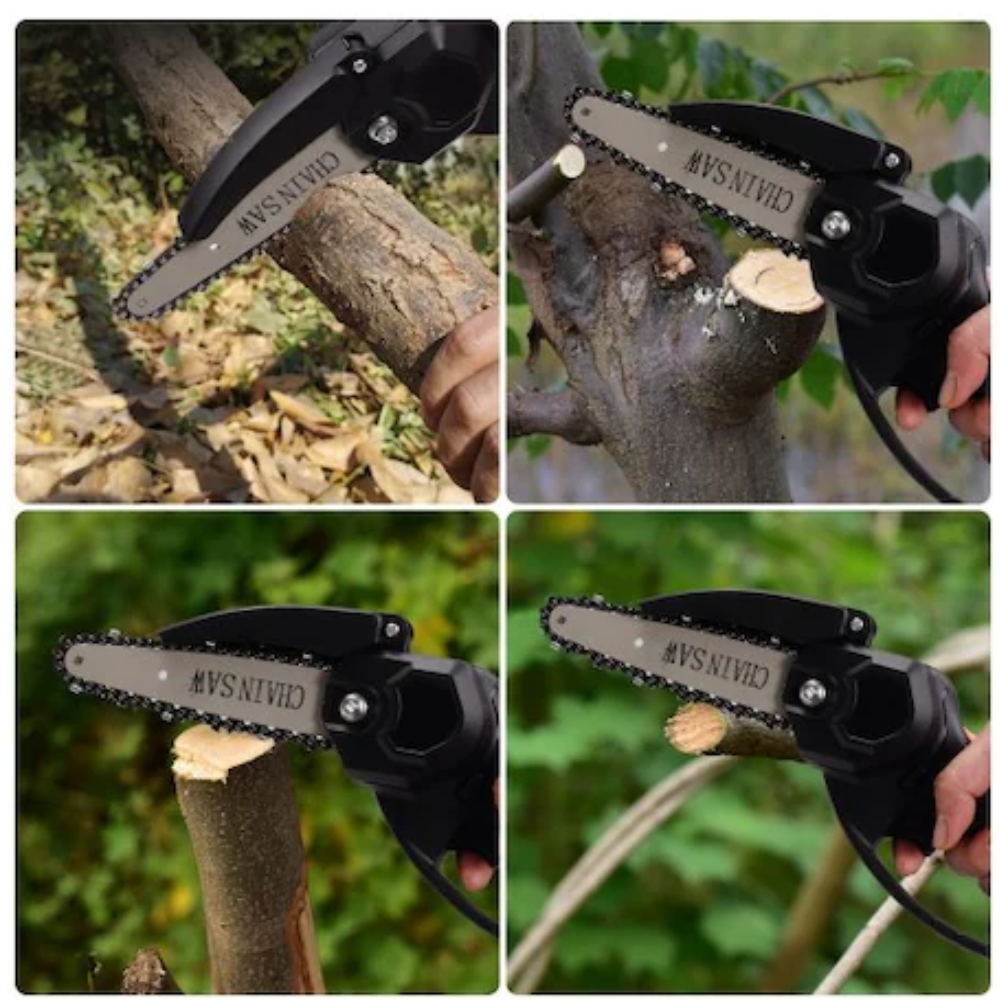 Lichidare de stoc. Mini drujba cu lant, fara fir, lama 4 inch, portabila, cu 2 acumulatori + 2 lanturi