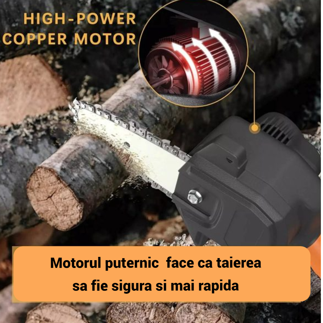 Lichidare de stoc. Mini drujba cu lant, fara fir, lama 4 inch, portabila, cu 2 acumulatori + 2 lanturi